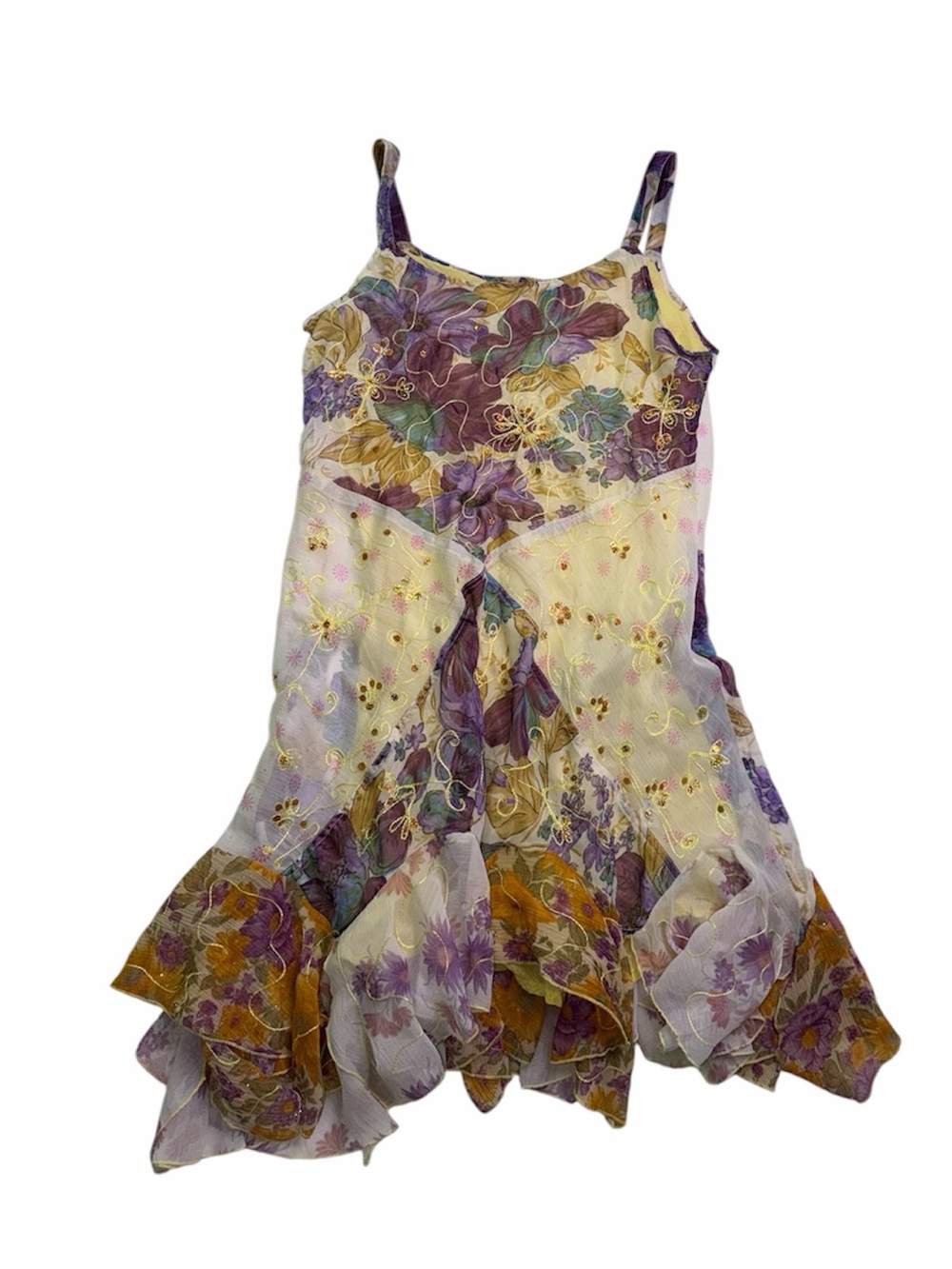 Vintage Sherly Y2K Fairy Dress Floral Chiffon
Handkerchief Hem Gold Embroidery M - Picture 3 of 10
